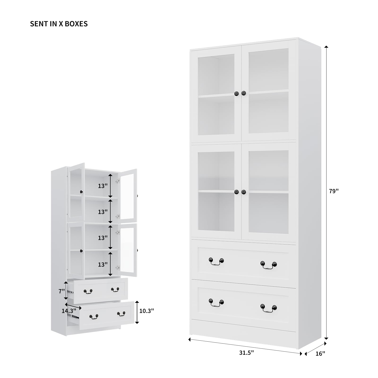 78.7" Bookcase with Glass Doors and Drawers