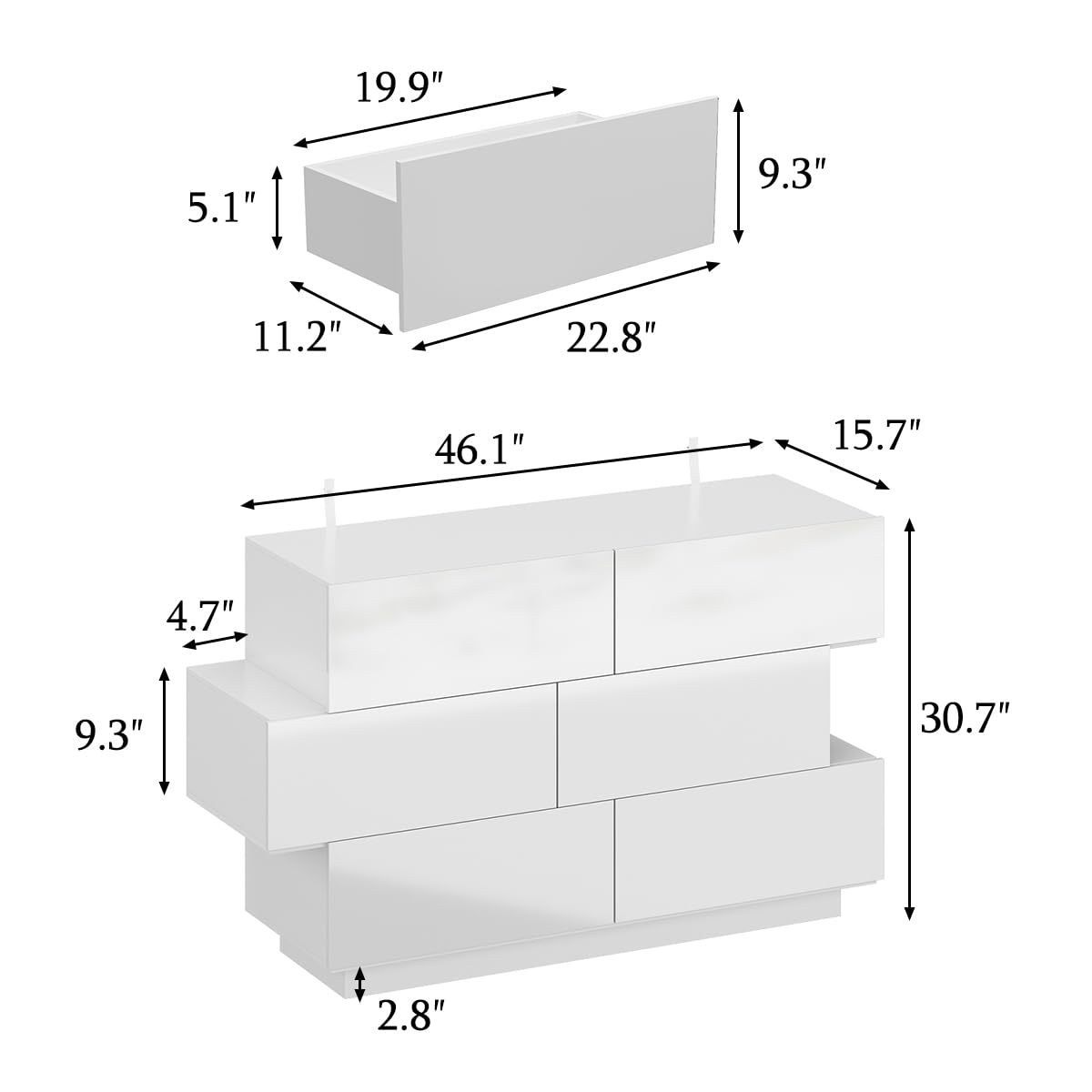 Modern High Gloss 6-Drawer Dresser with Asymmetrical Design
