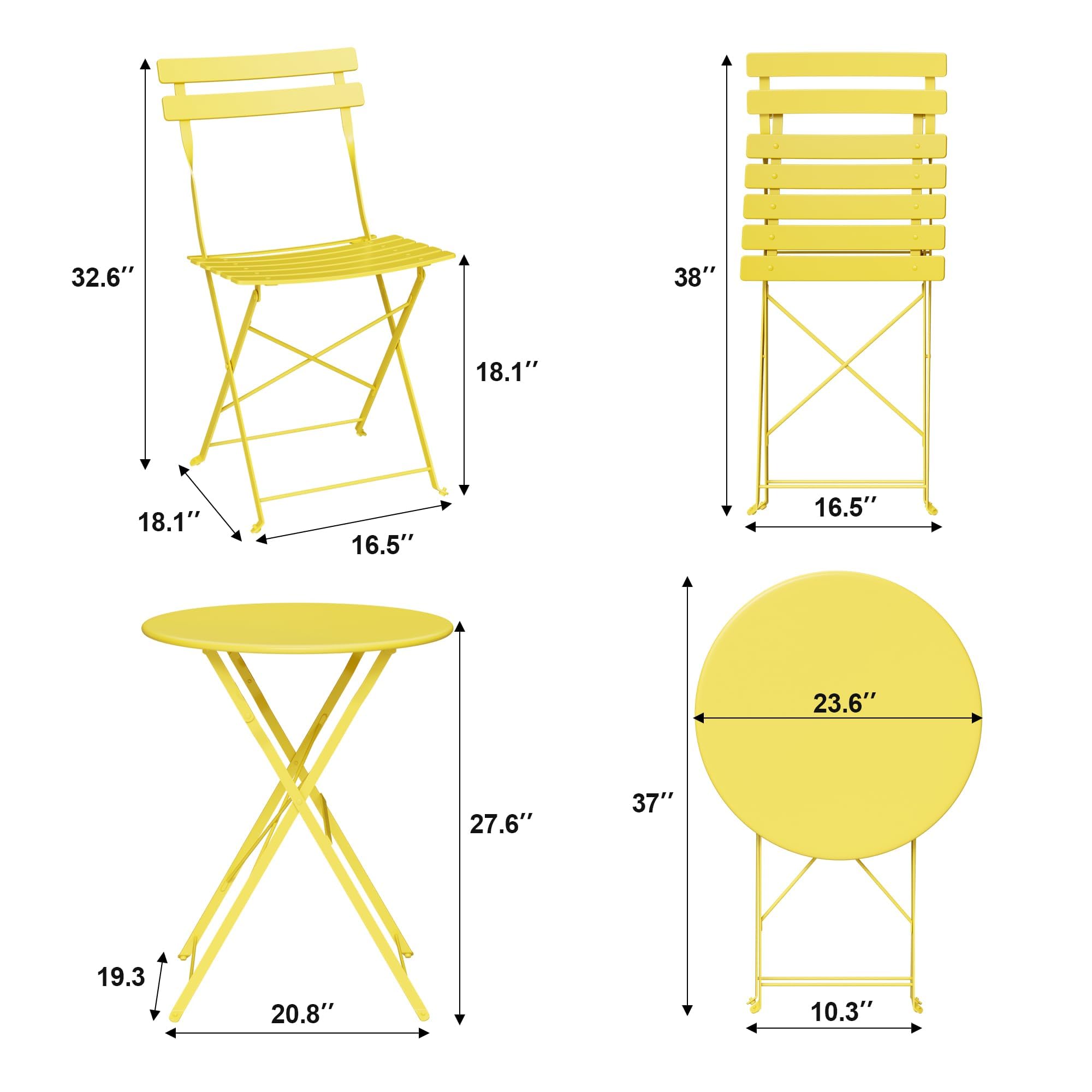 Patio Bistro Sets, 3-Piece Outdoor Furniture with Round Table & 2 Folding Chairs, Compact Balcony Set for Small Spaces, Porch/Garden, Yellow
