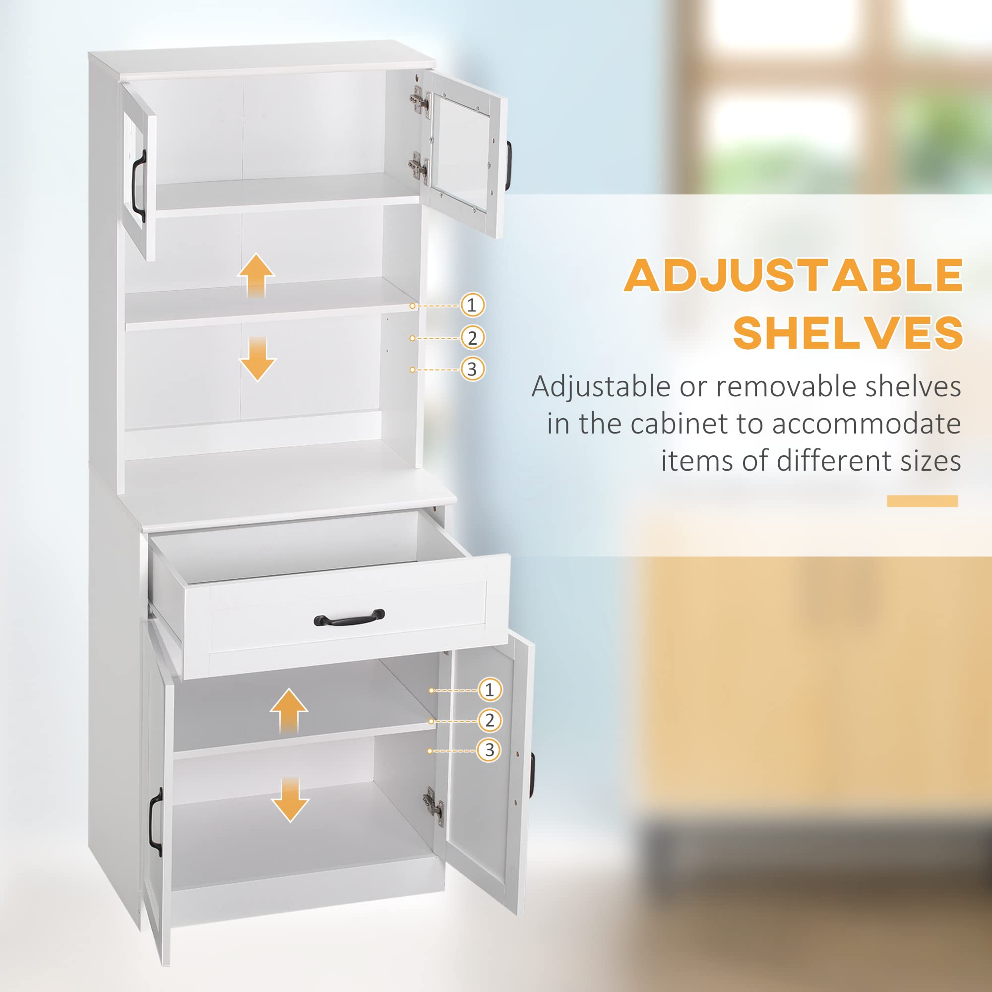 Kitchen Pantry Cabinet with Glass Doors and Adjustable Shelves