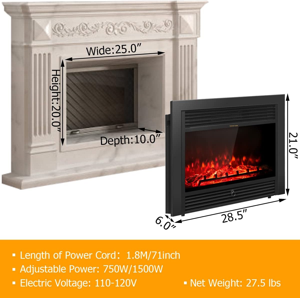 28.5" Electric Fireplace Insert with Remote Control