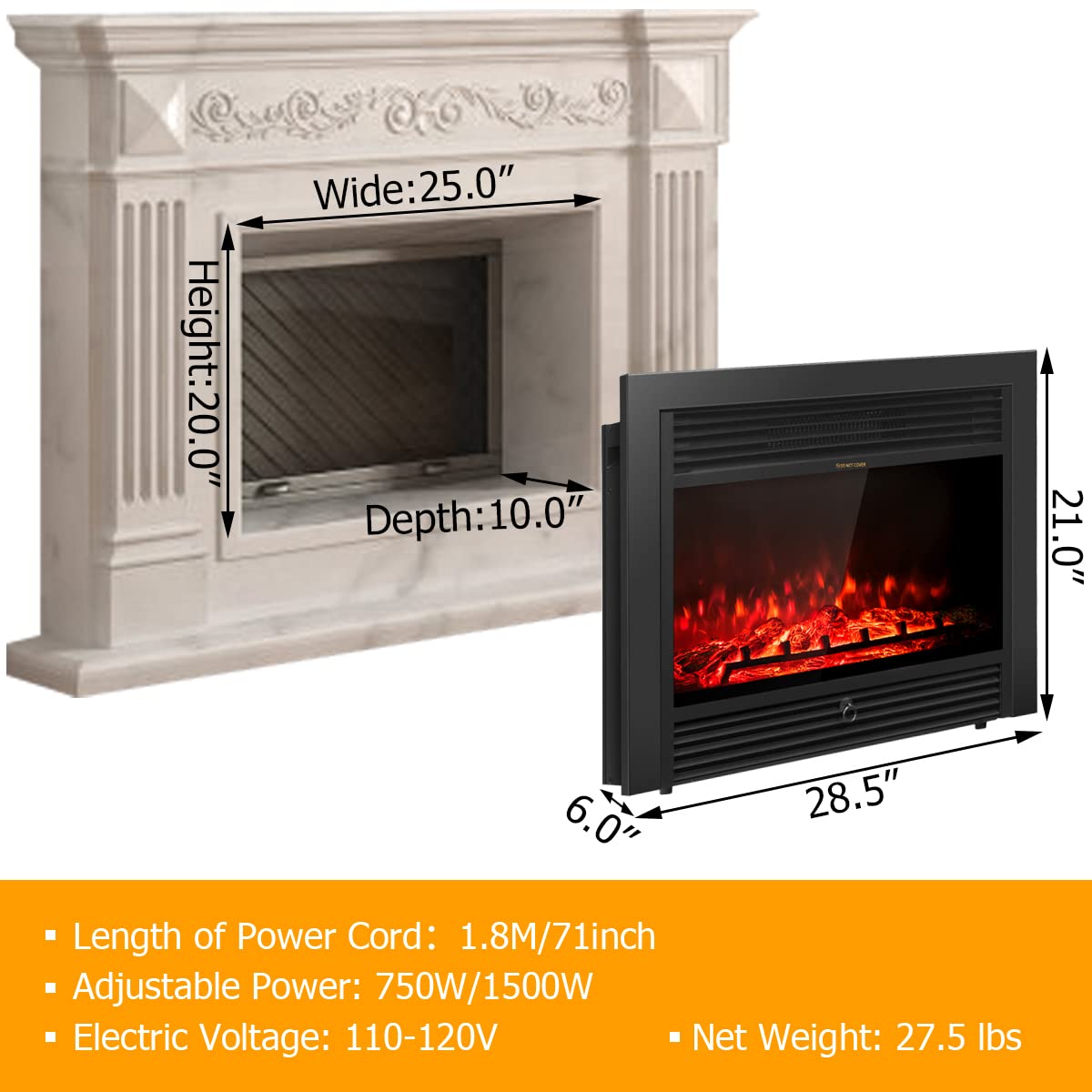 28.5" Electric Fireplace Insert with Remote Control
