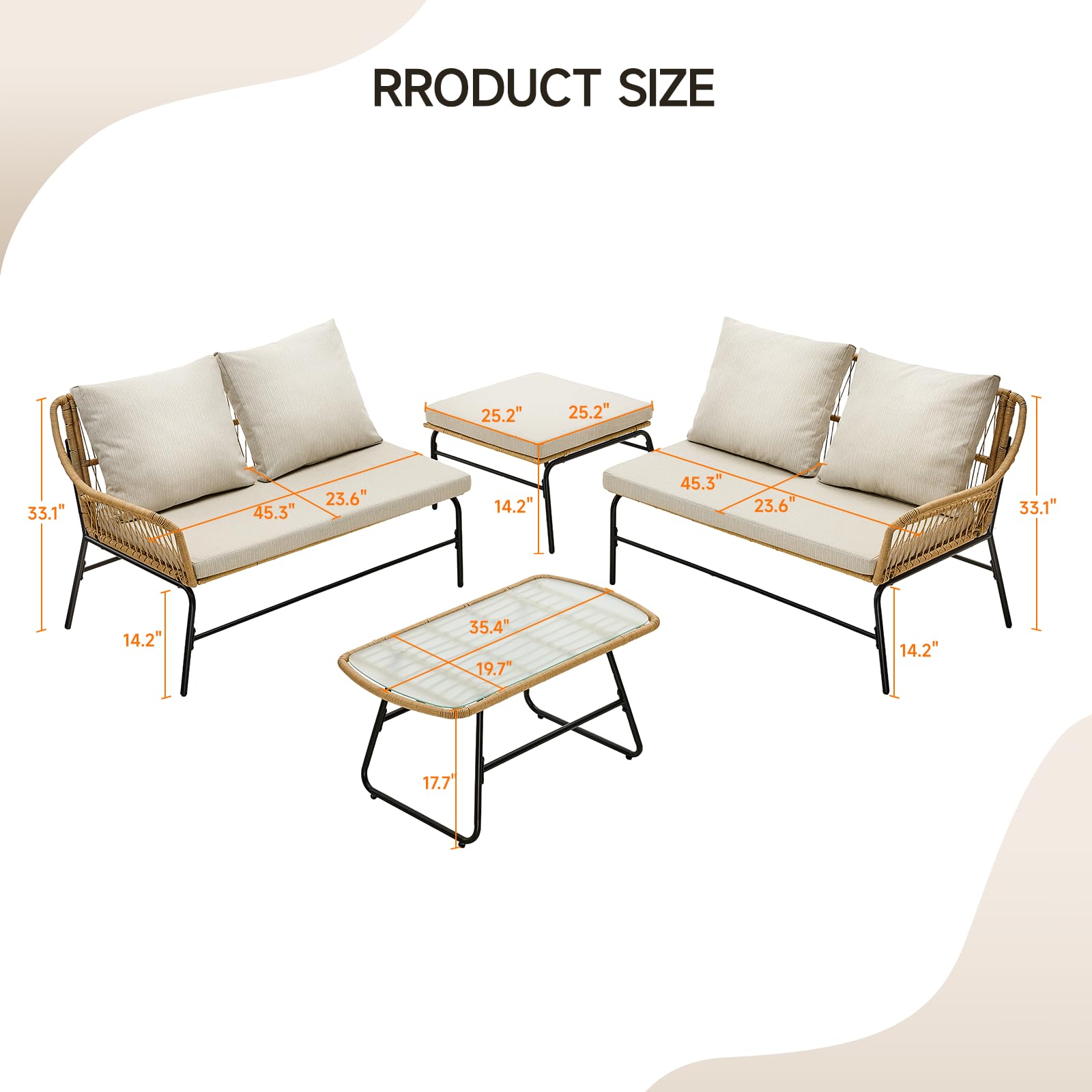 4-Piece Outdoor Sectional Set with Tempered Glass Coffee Table