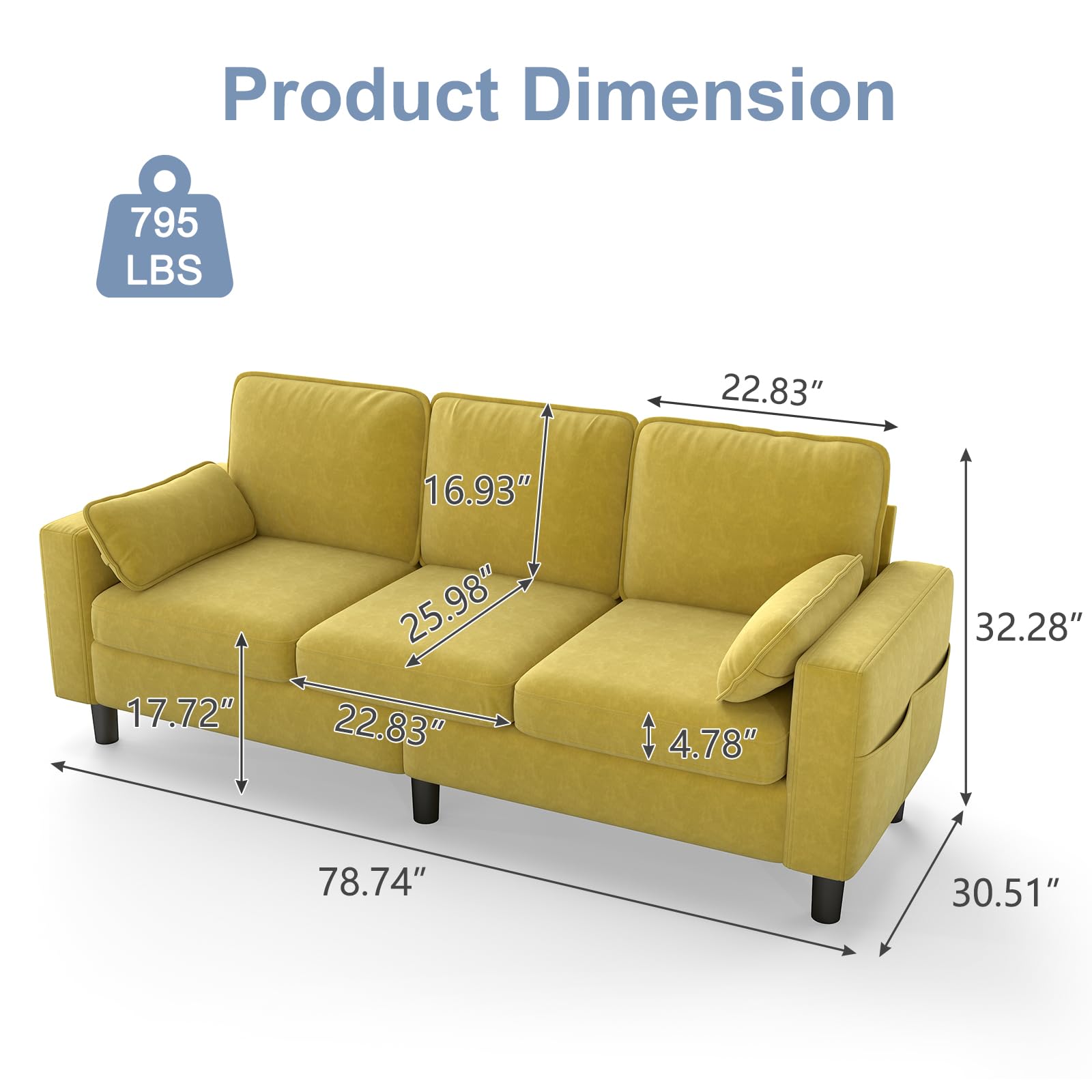 78 Inch 3 Seater Sofa Couch with Deep Seat and Armrest Pillow