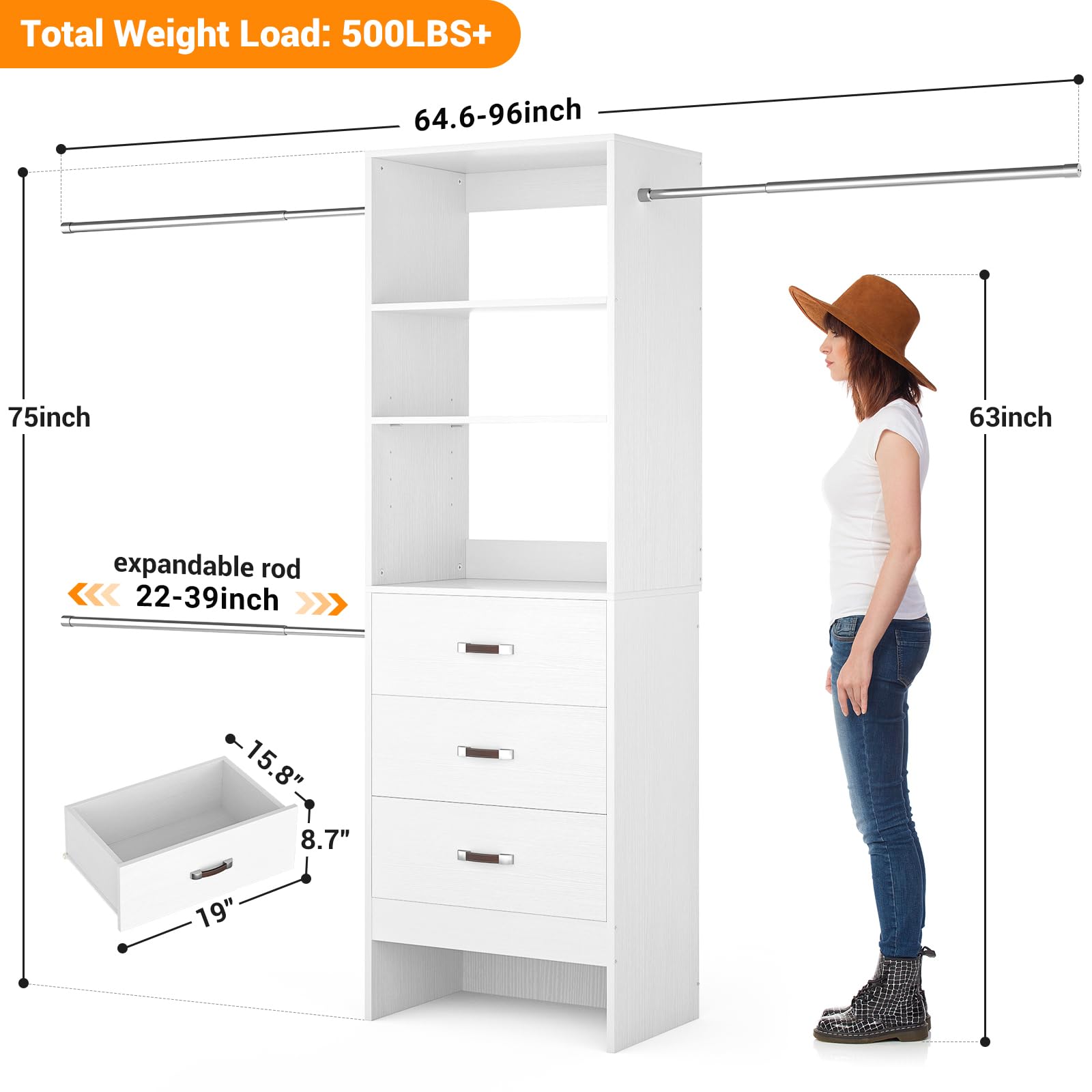 Walk-In Closet Organizer System with Hanging Rods and Drawers