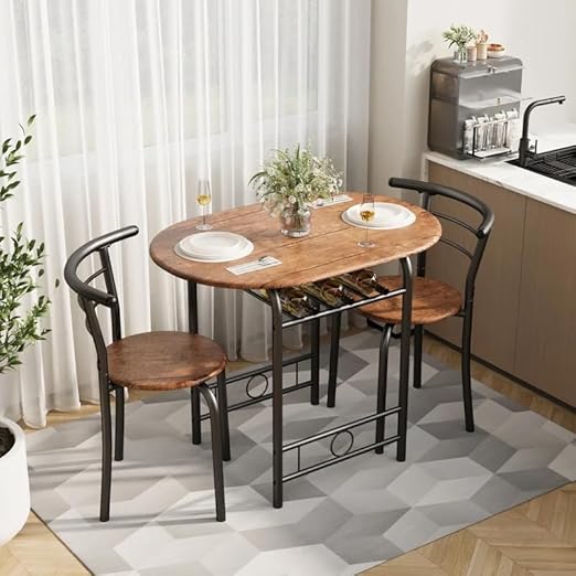 3-Piece Wooden Dining Table Set with 2 Chairs and Wine Rack