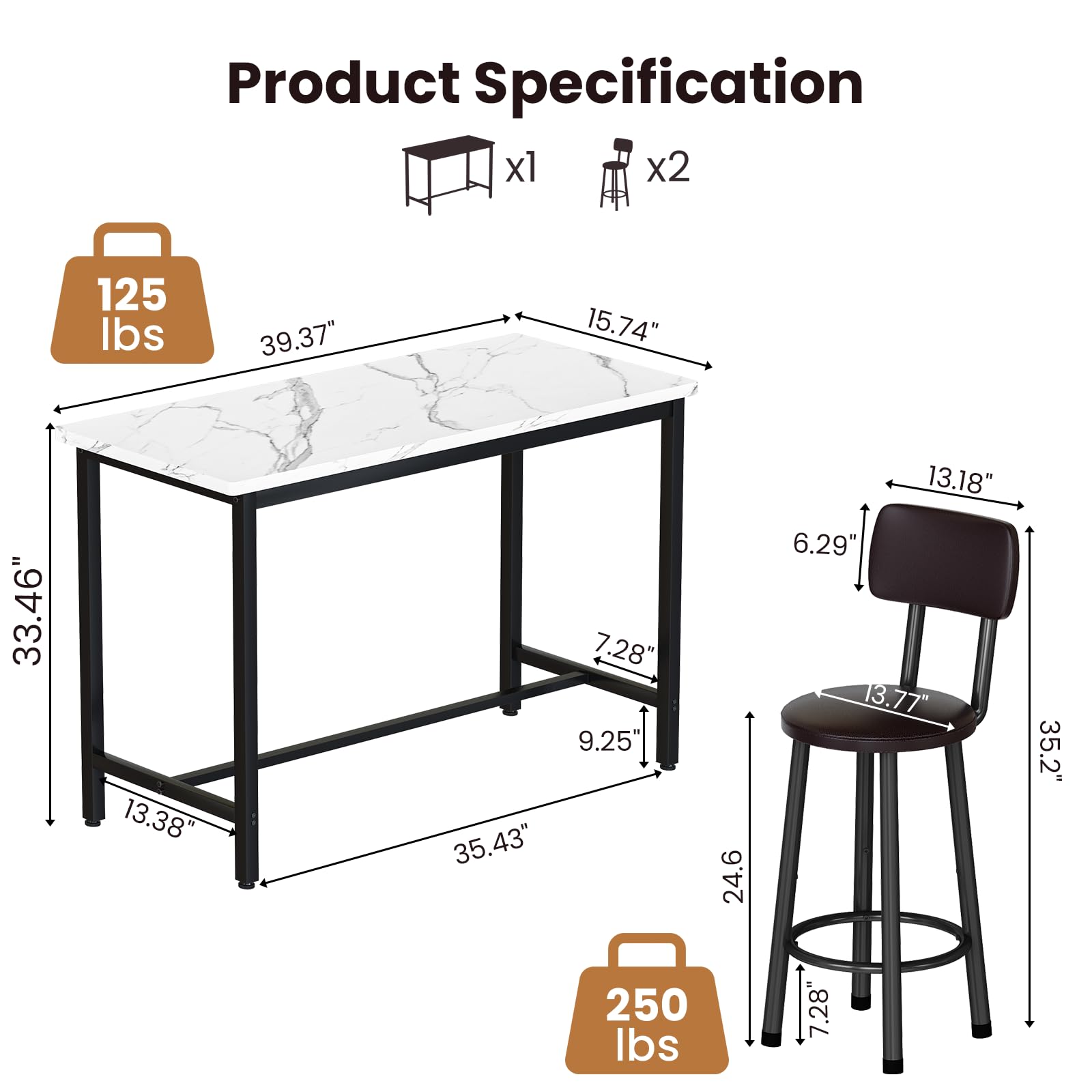 3 Piece Bar Table with Stools Set - Modern Faux Marble High Top Dining Set