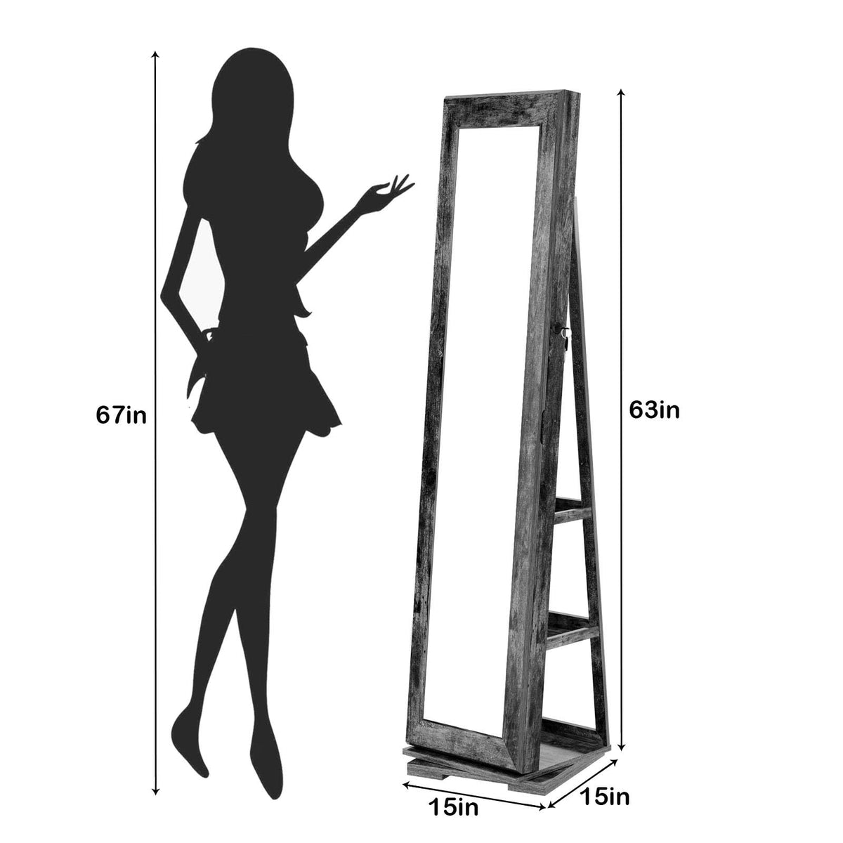 360° Swivel Jewelry Mirror Cabinet Full Length Standing Organizer Armoire