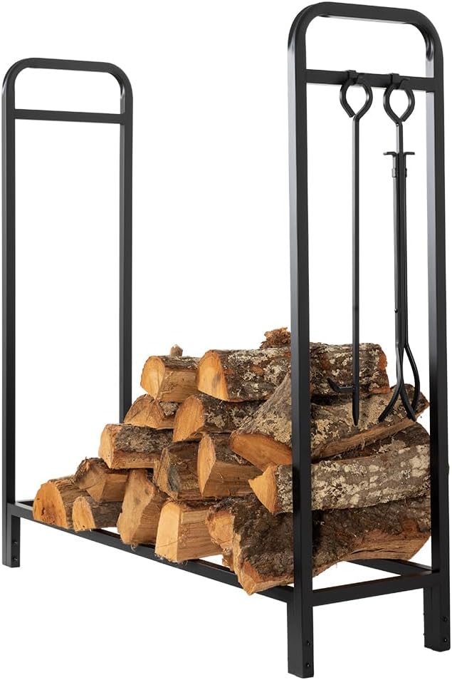 Tall Metal Firewood Log Rack with Cover and Tools