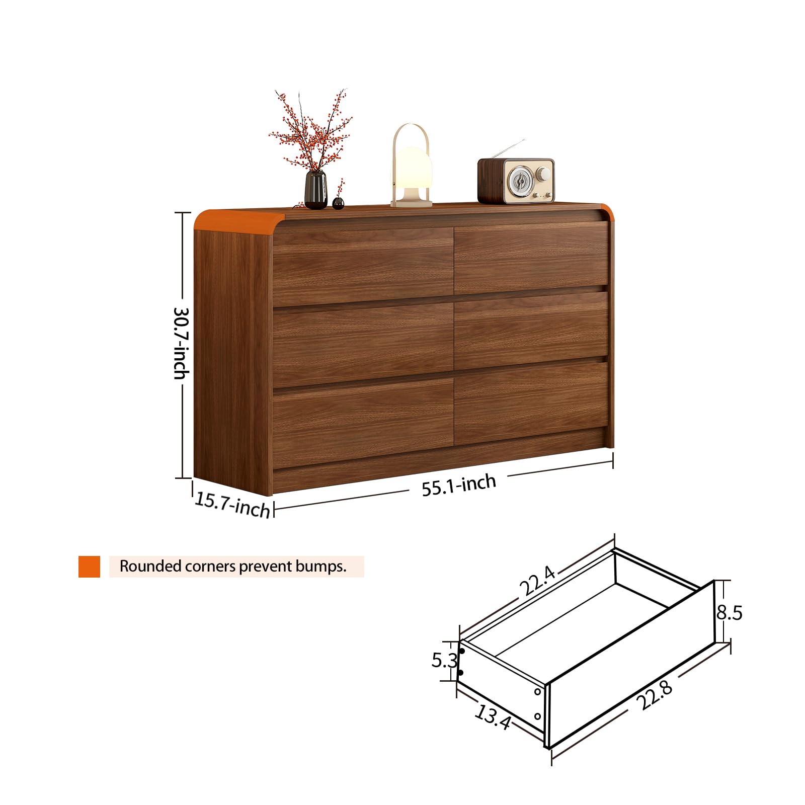 6 Drawer Dresser with Curved Anti-Collision Design