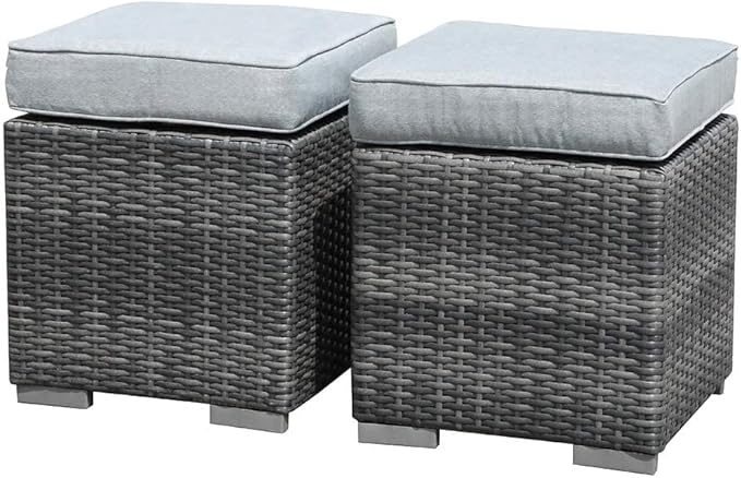 2-Piece Outdoor Patio Ottoman Set with Navy Blue Cushions