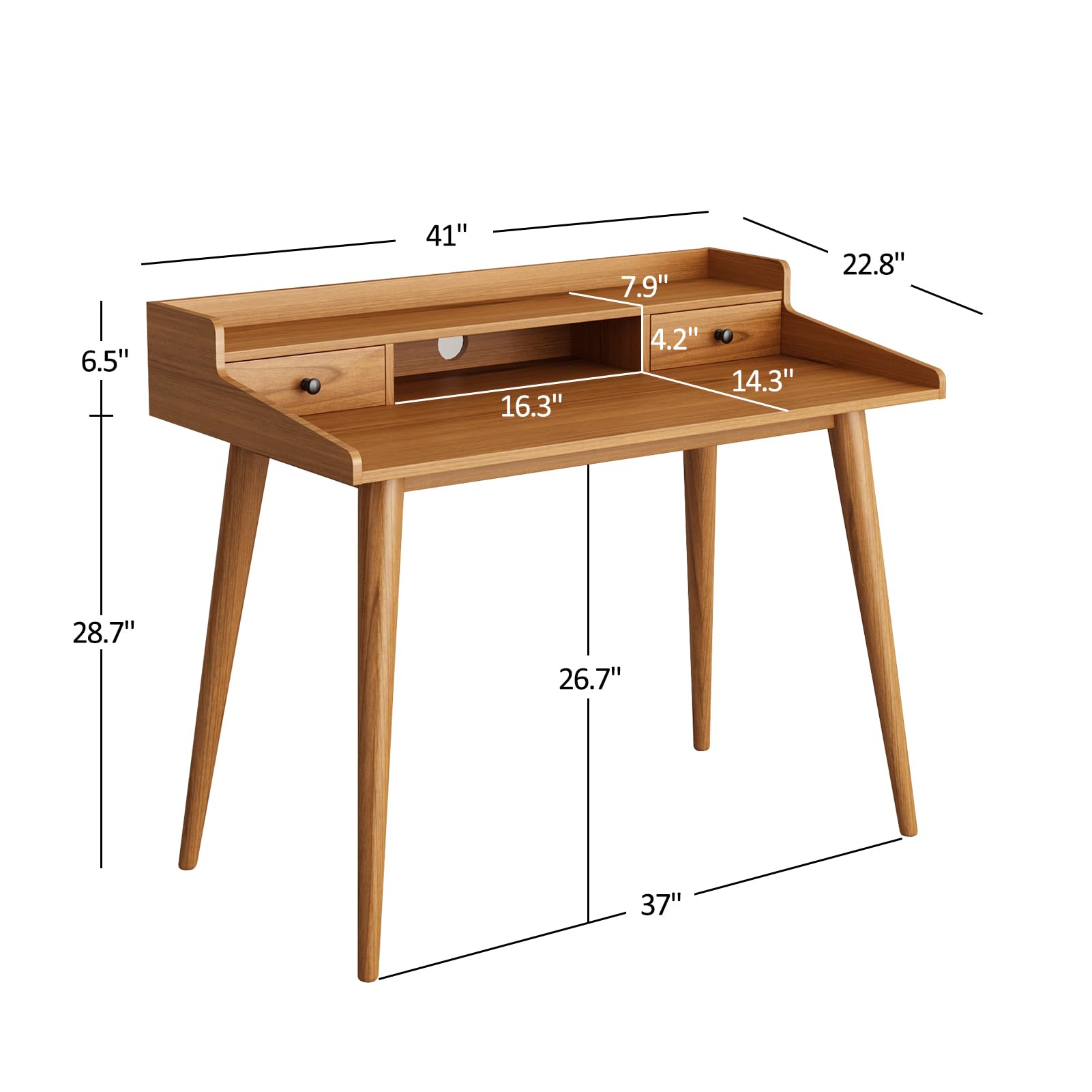 Mid Century Modern Desk with Monitor Stand and Storage Drawers