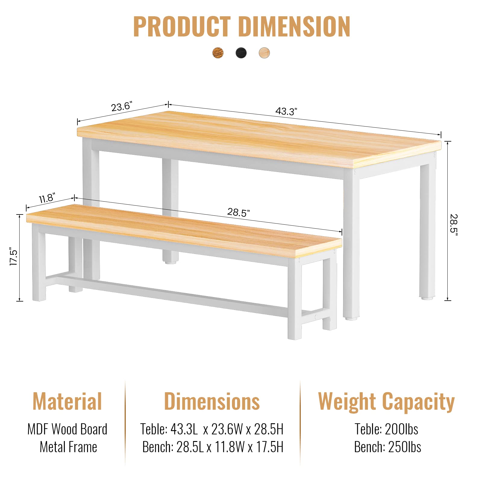 43.3" Dining Table Set for 4 with 2 Benches