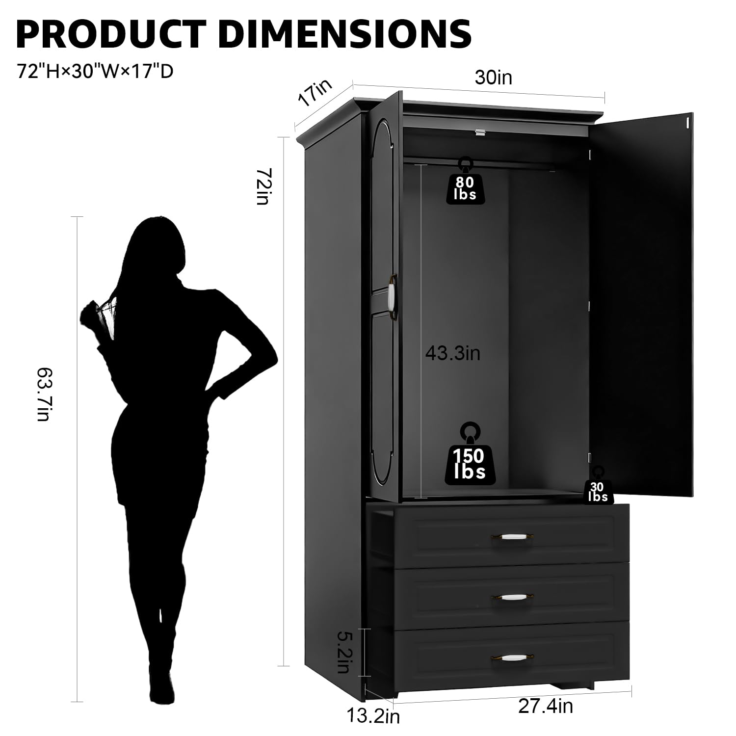 72" Wooden Armoire Wardrobe Closet with 3 Drawers and LED Light