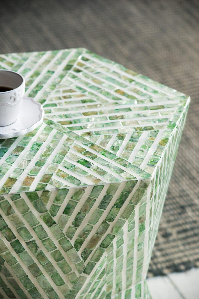 Green Geometric Accent Stool with Capiz Inlays