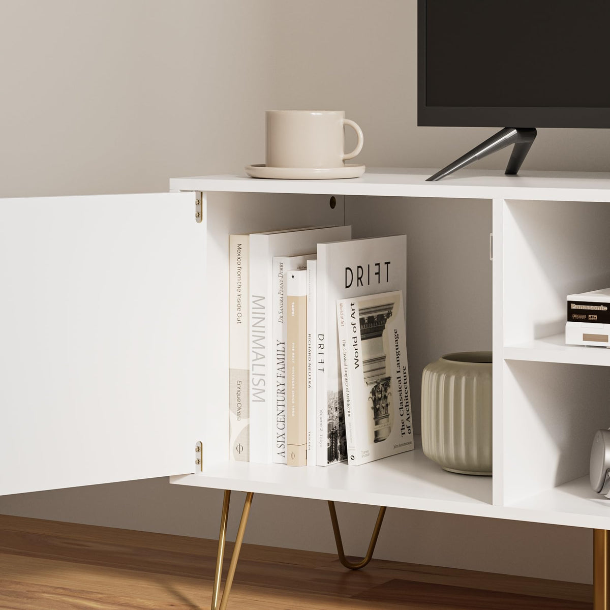 TV Stand for 55-65 Inch TV with Soft Hinge Door and 2 Cabinets