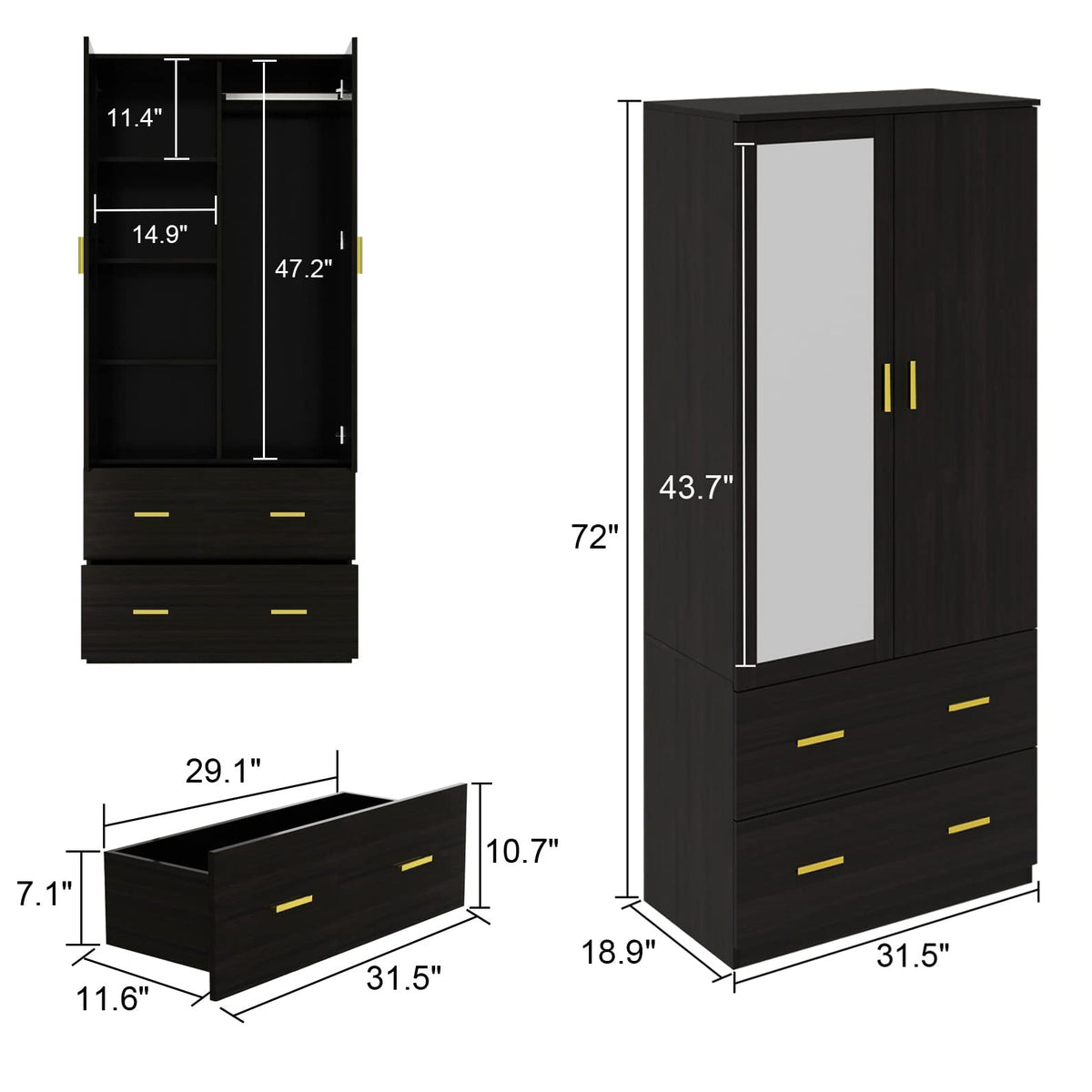 2-Door Wardrobe Armoire with Mirror and Drawers