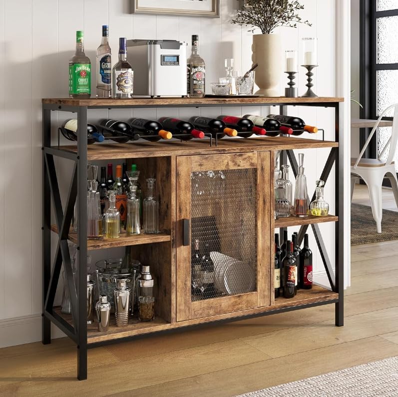 Industrial Wine Bar Cabinet with Wine Rack and Stemware Holder