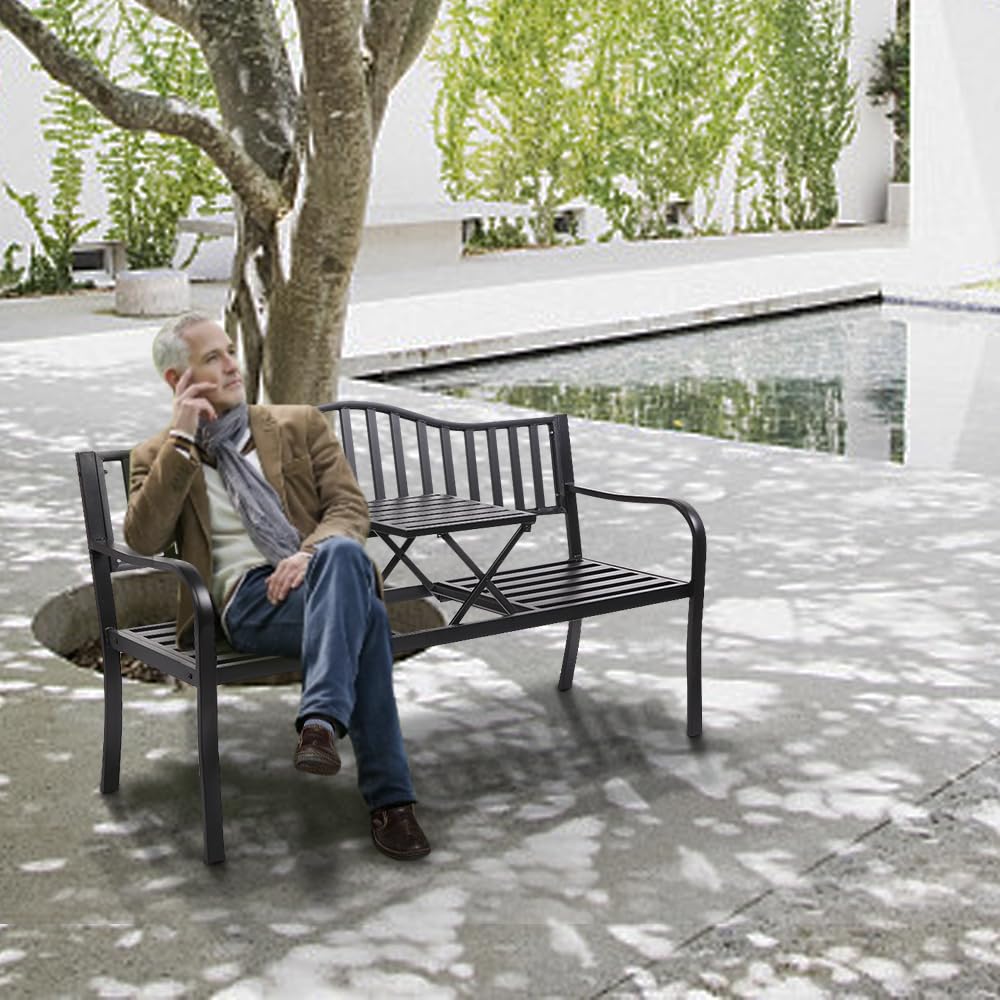 Outdoor Metal Bench with Built-in Table
