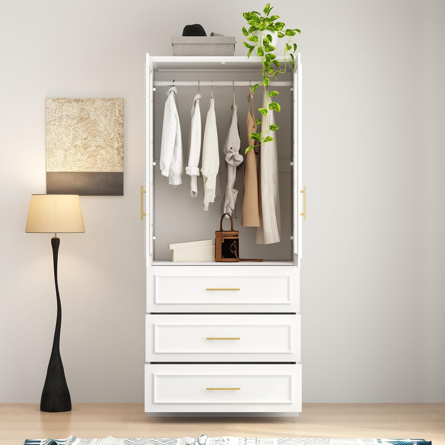 Wardrobe Closet with Hanging Rod 3 Drawers 2 Glass Doors White