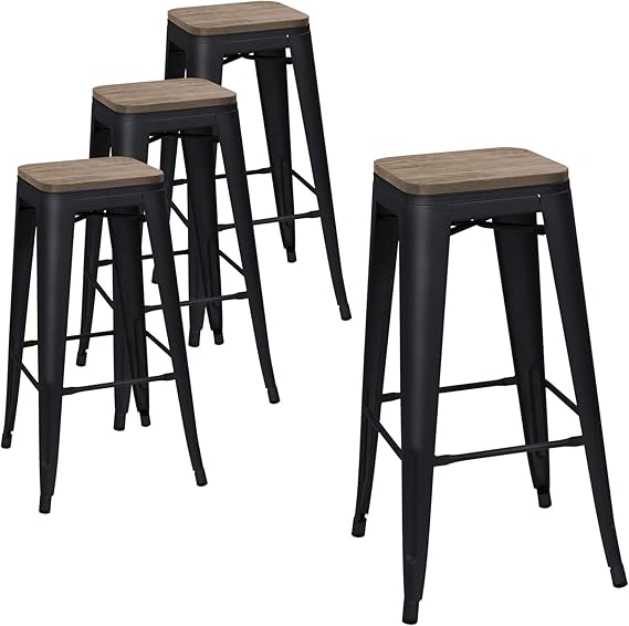 30" Metal Bar Stool Set of 4 - Stackable Industrial Wood Top Barstools