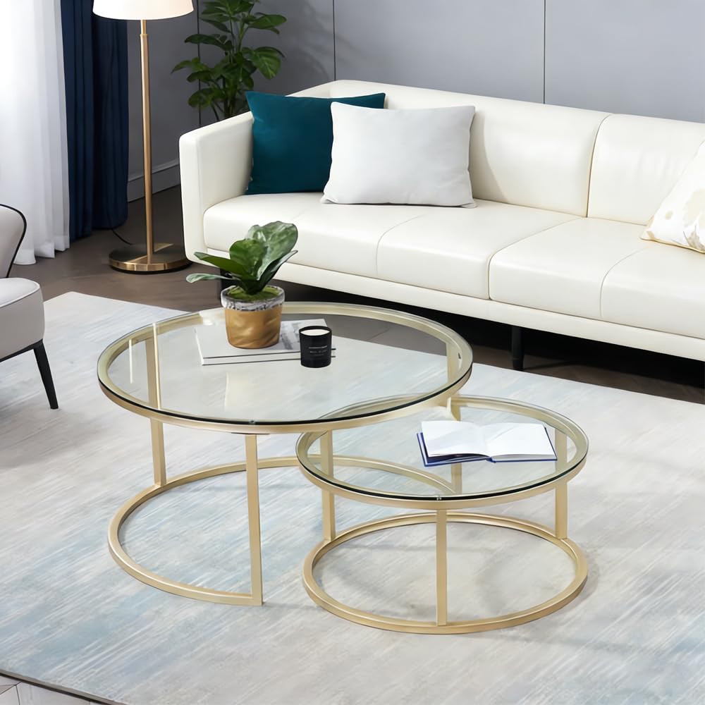 Round Nesting Coffee Table Gold Set of 2 for Living Room, Modern Side Tables with Sturdy Metal Frame and Tempered Glass.Minimalist End Table,Cocktail Table for Dining Room,Home Decor