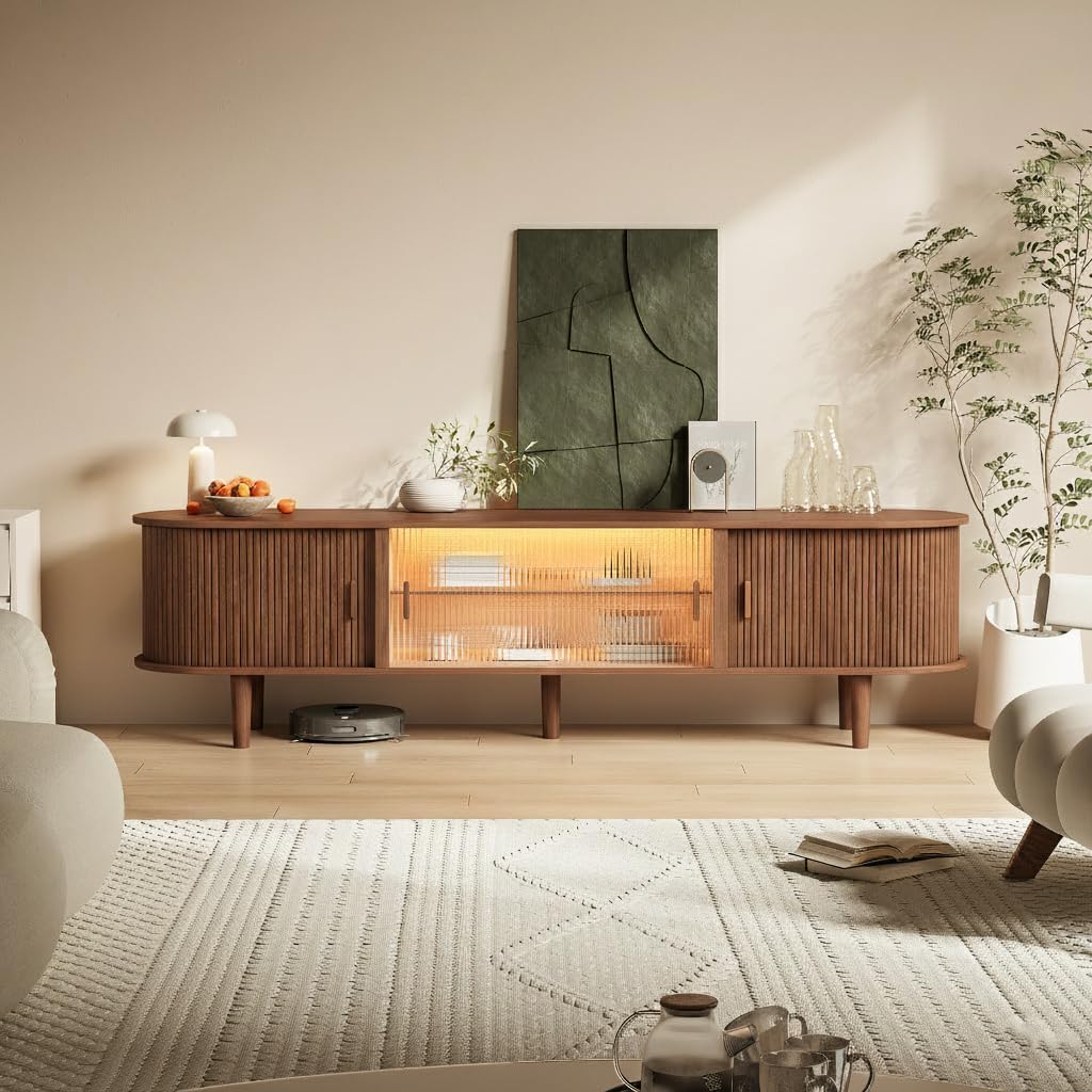 70" Fluted TV Stand with LED Lights and Sliding Doors