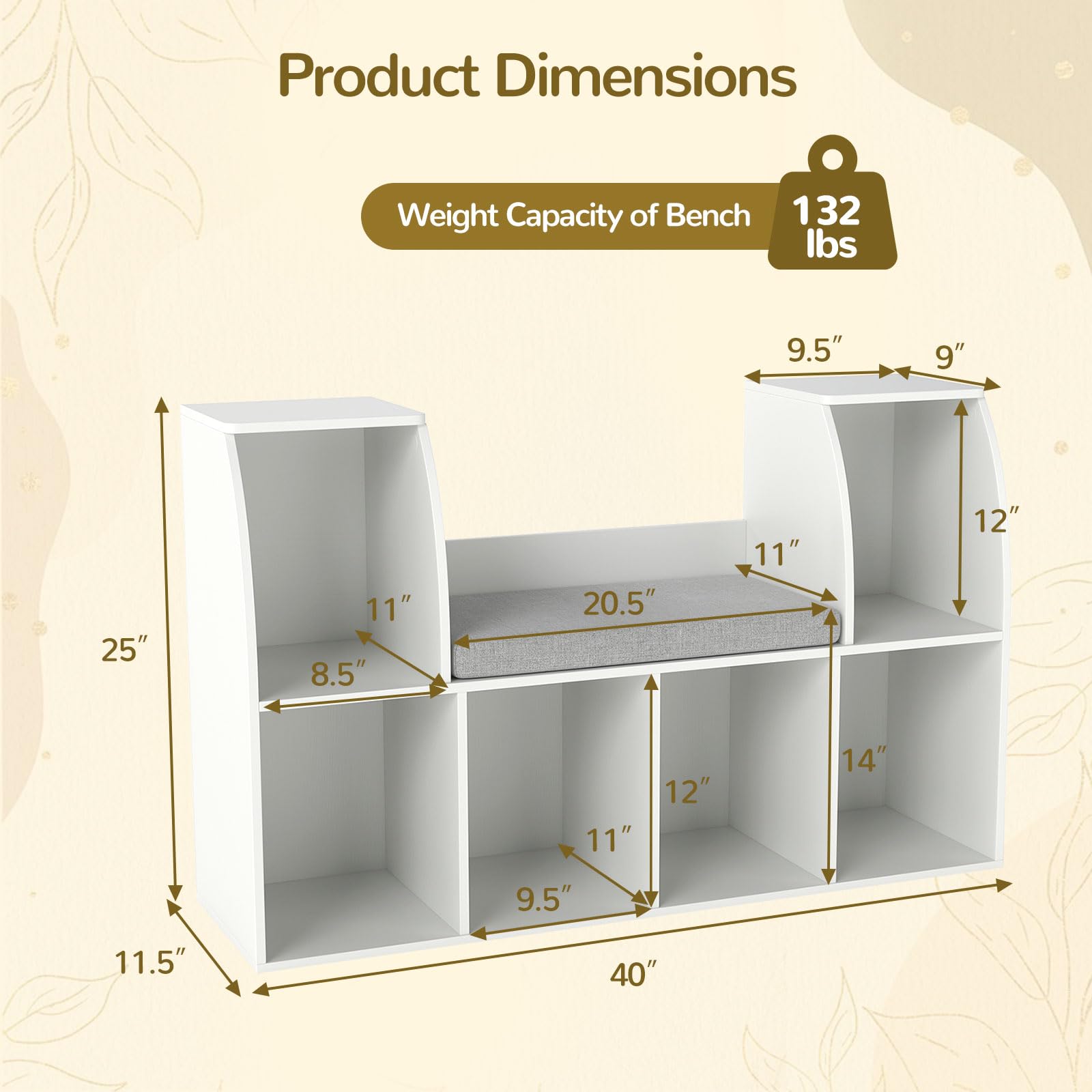 Costzon Kids Bookshelf with Reading Nook, 6 Cubby Bookcase with Soft Seat Cushion, Wooden Toy Storage Organizer with Bench, Book Shelf for Kids Room, Playroom, Nursery, Daycare