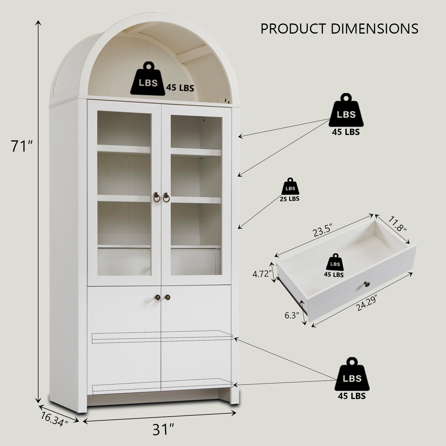 Arched Kitchen Pantry Cabinet with Glass Doors