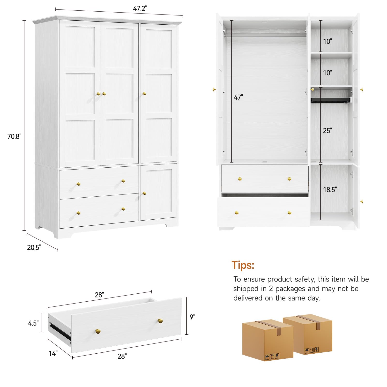 3 Doors Wooden Wardrobe Closet with Pull Out Pants Rack