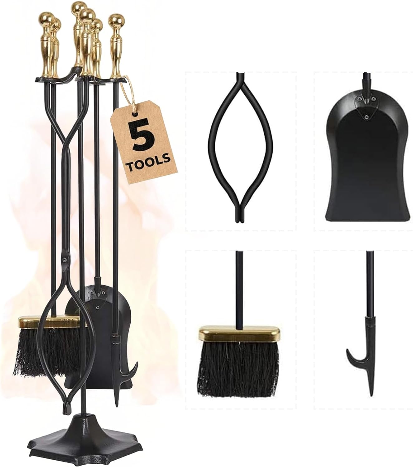 5-Piece Brass Fireplace Tool Set