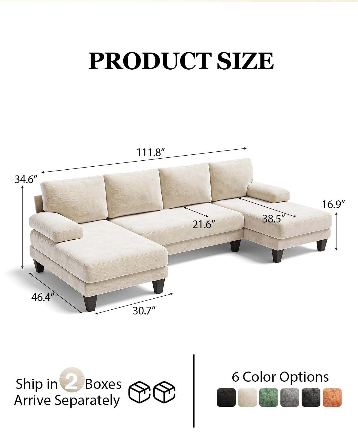 U-Shaped Sectional Couch 112 Inch Modern Chenille Sofa with Double Chaise