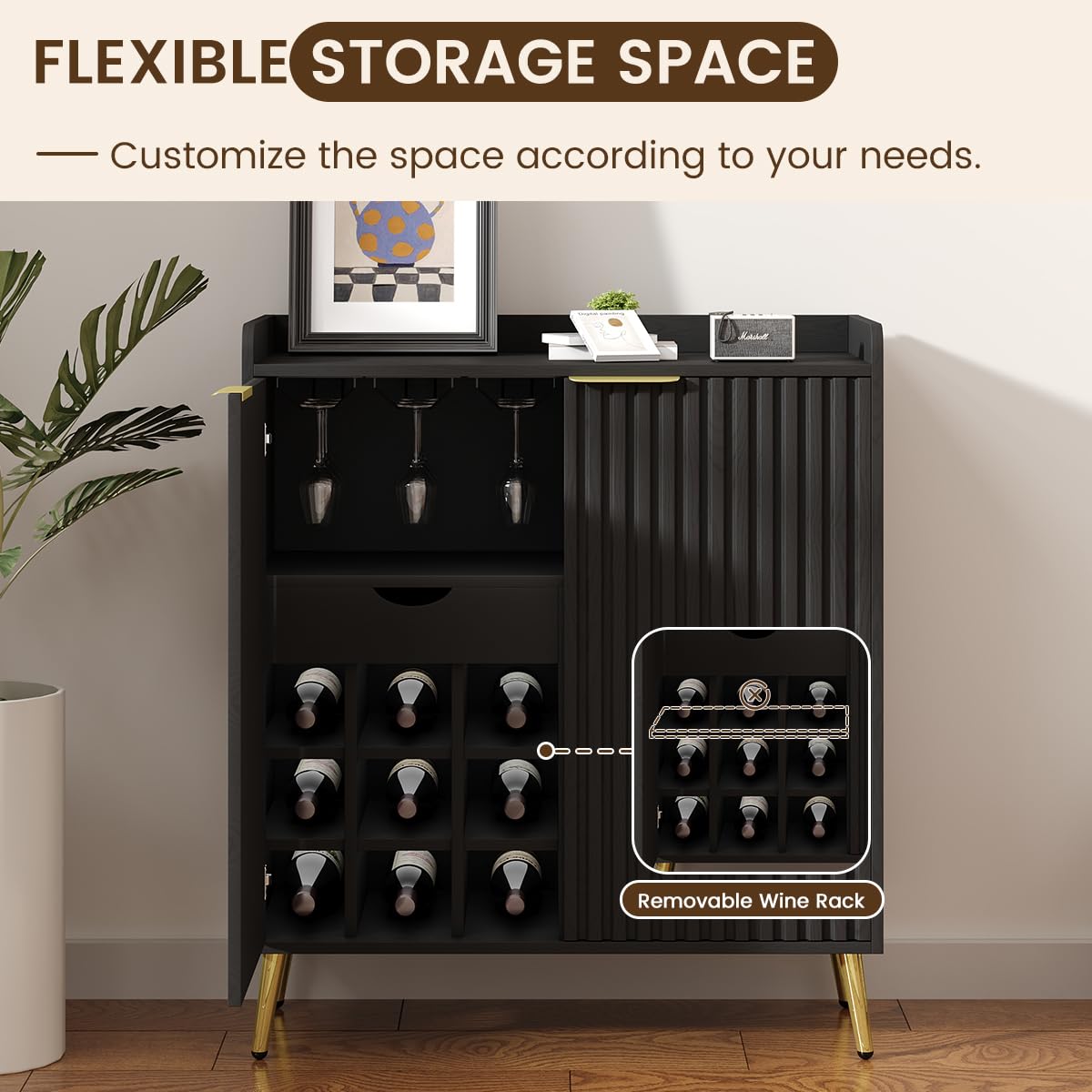Modern Wine Bar Cabinet with Fluted Door and Glass Holder