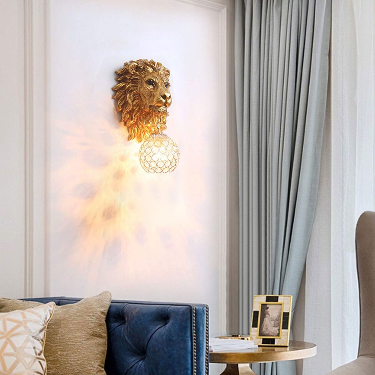 Vintage Gold Lion Wall Sconces Set of 2 with Crystal Beaded Shade