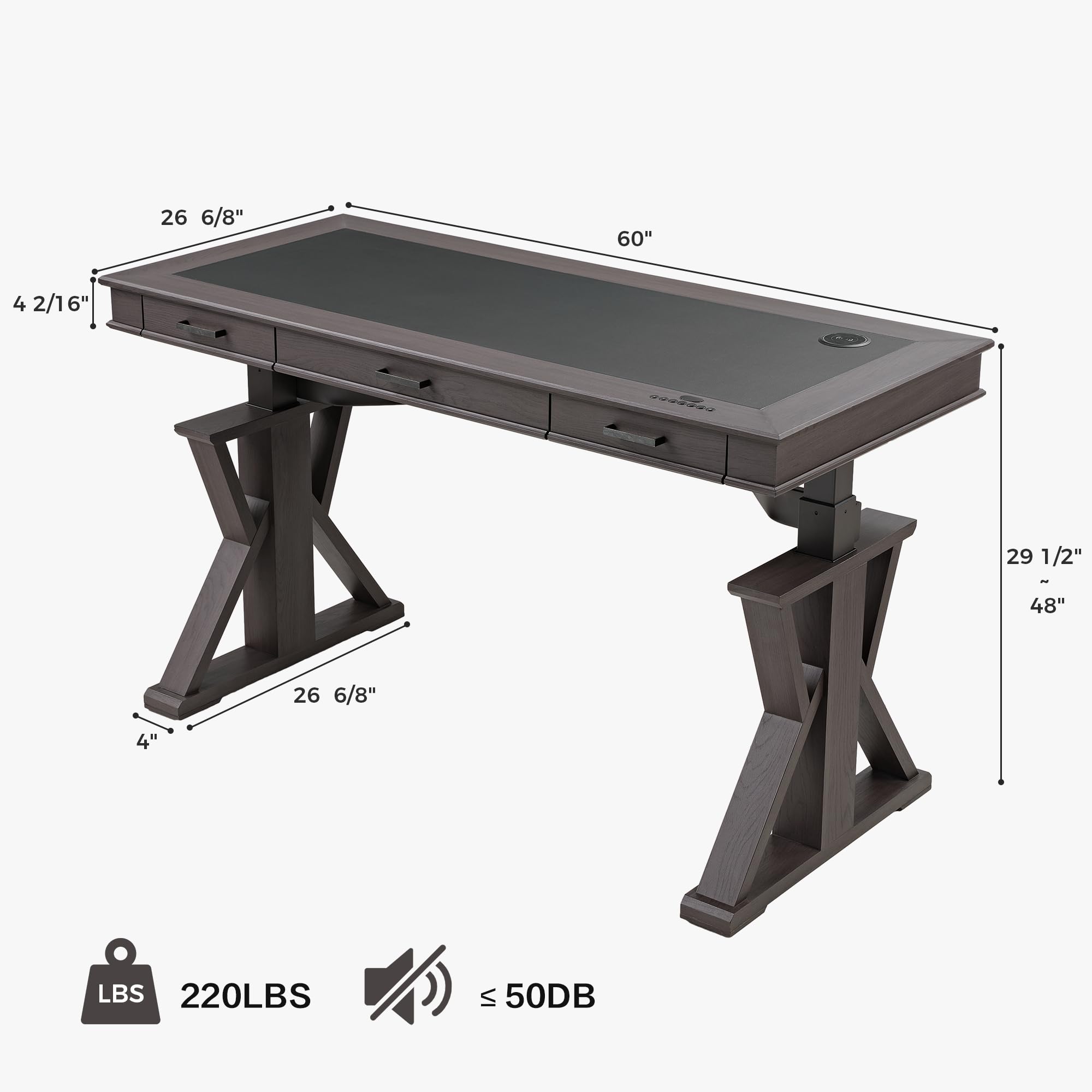 Leather Standing Desk 60 Inch with Drawers