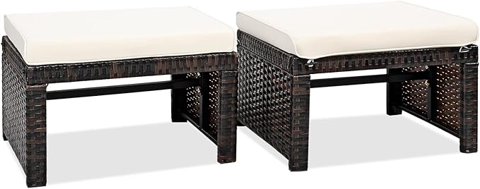 2-Piece Wicker Outdoor Ottoman Set with Removable Cushions