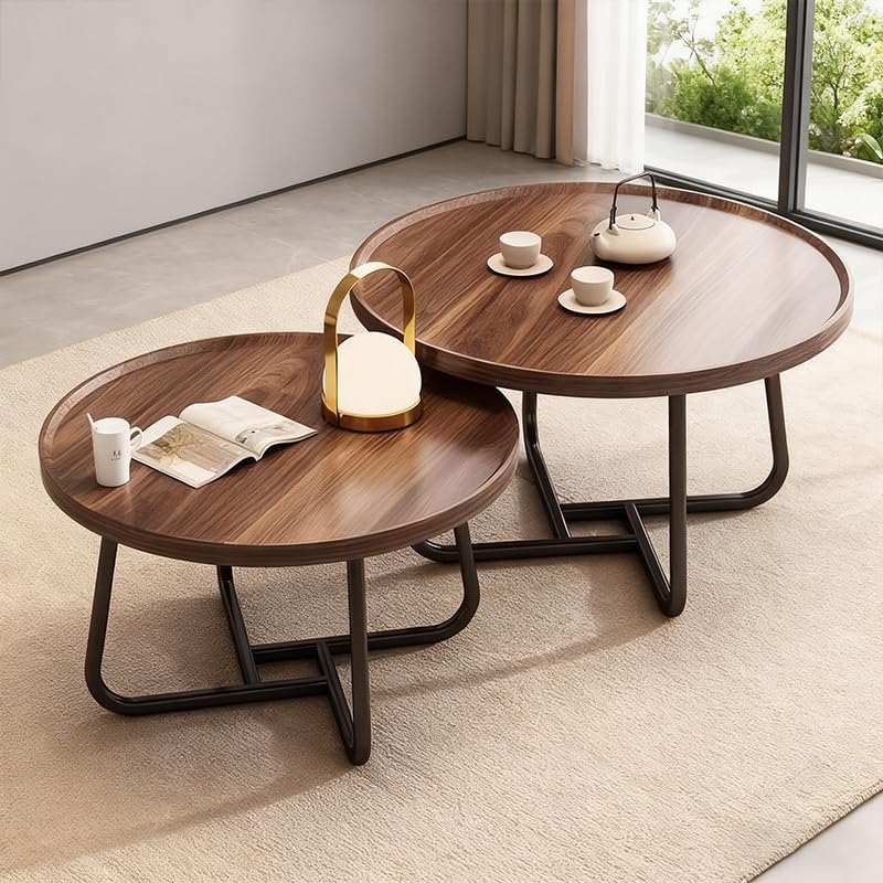 Round Nesting Coffee Table Set of 2 - Walnut with Fluted Design