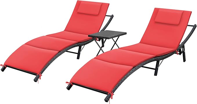 3-Piece Adjustable Wicker Chaise Lounge Set with Side Table