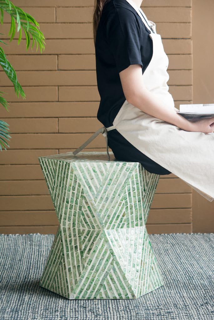 Green Geometric Accent Stool with Capiz Inlays