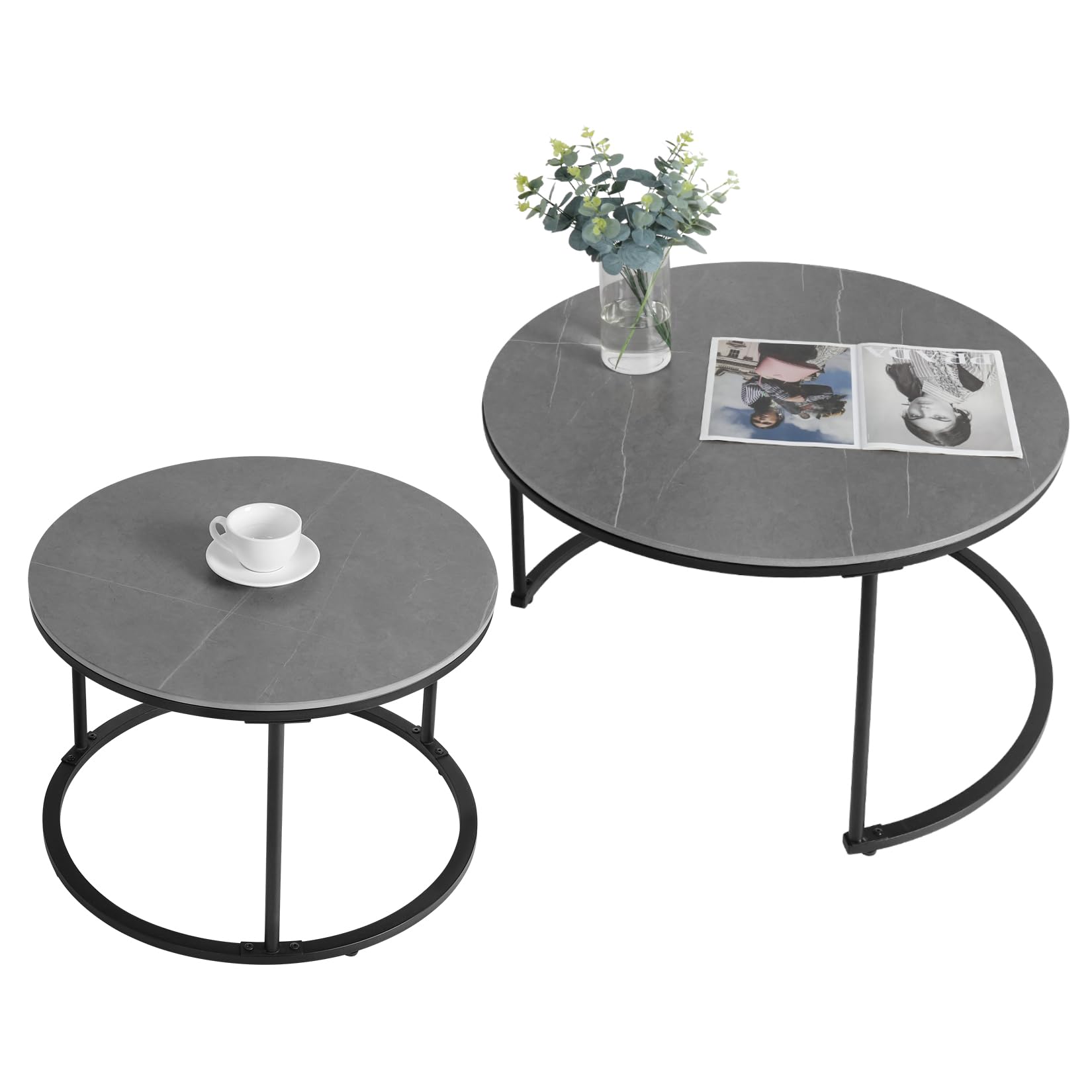 Wisfor Round Nesting Coffee Table: Set of 2 Sintered Stone Stacking Side Table with Black Metal Frame for Living Room, 31.5x17.7 (23.6x15.7)