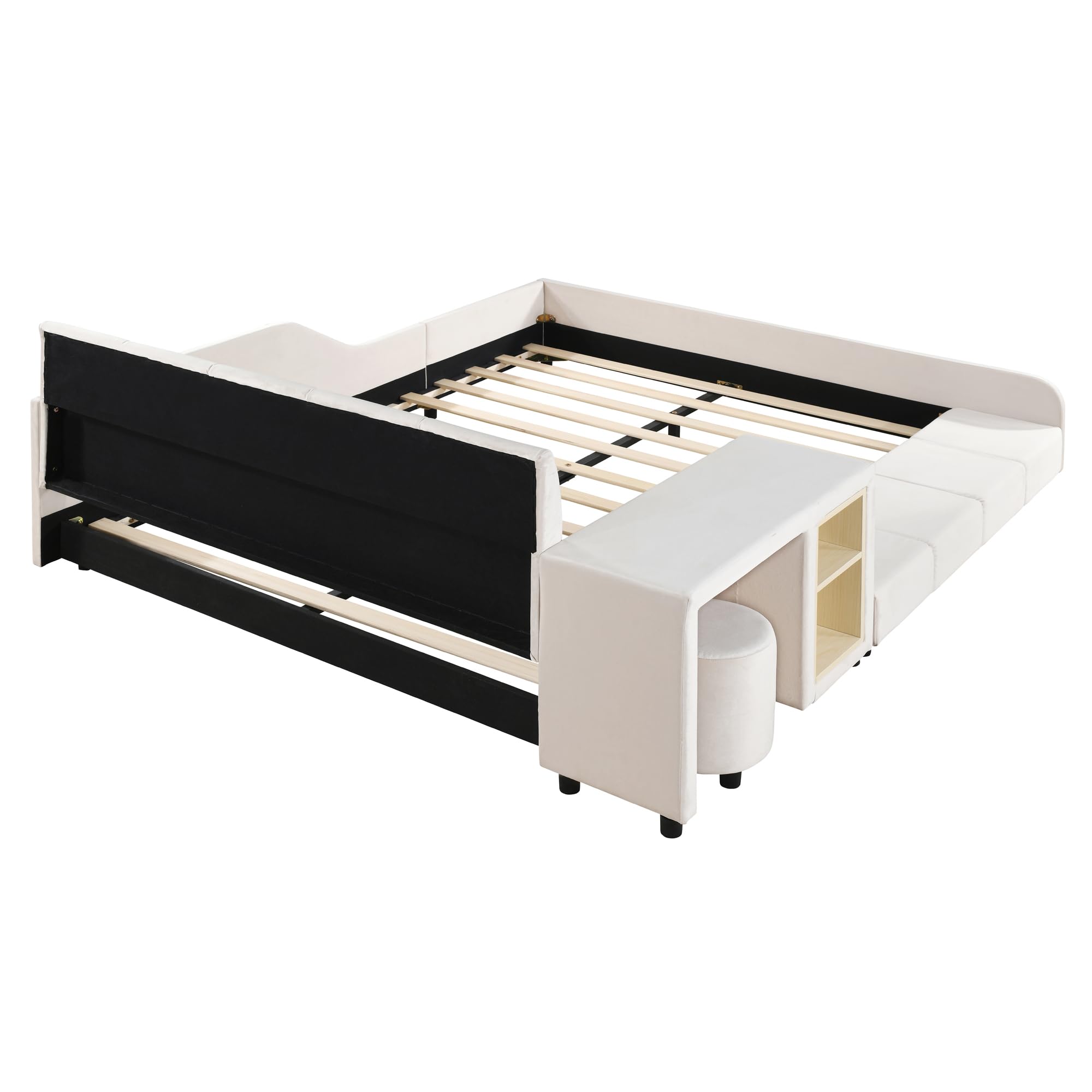 Full Size Velvet Upholstered Platform Bed with Bedside Desk