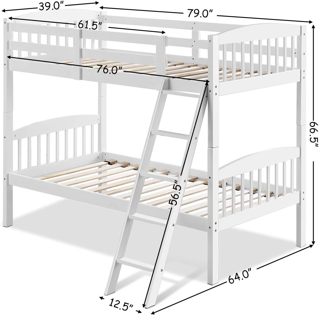 Twin Over Twin Bunk Bed with Ladder and Safety Rail