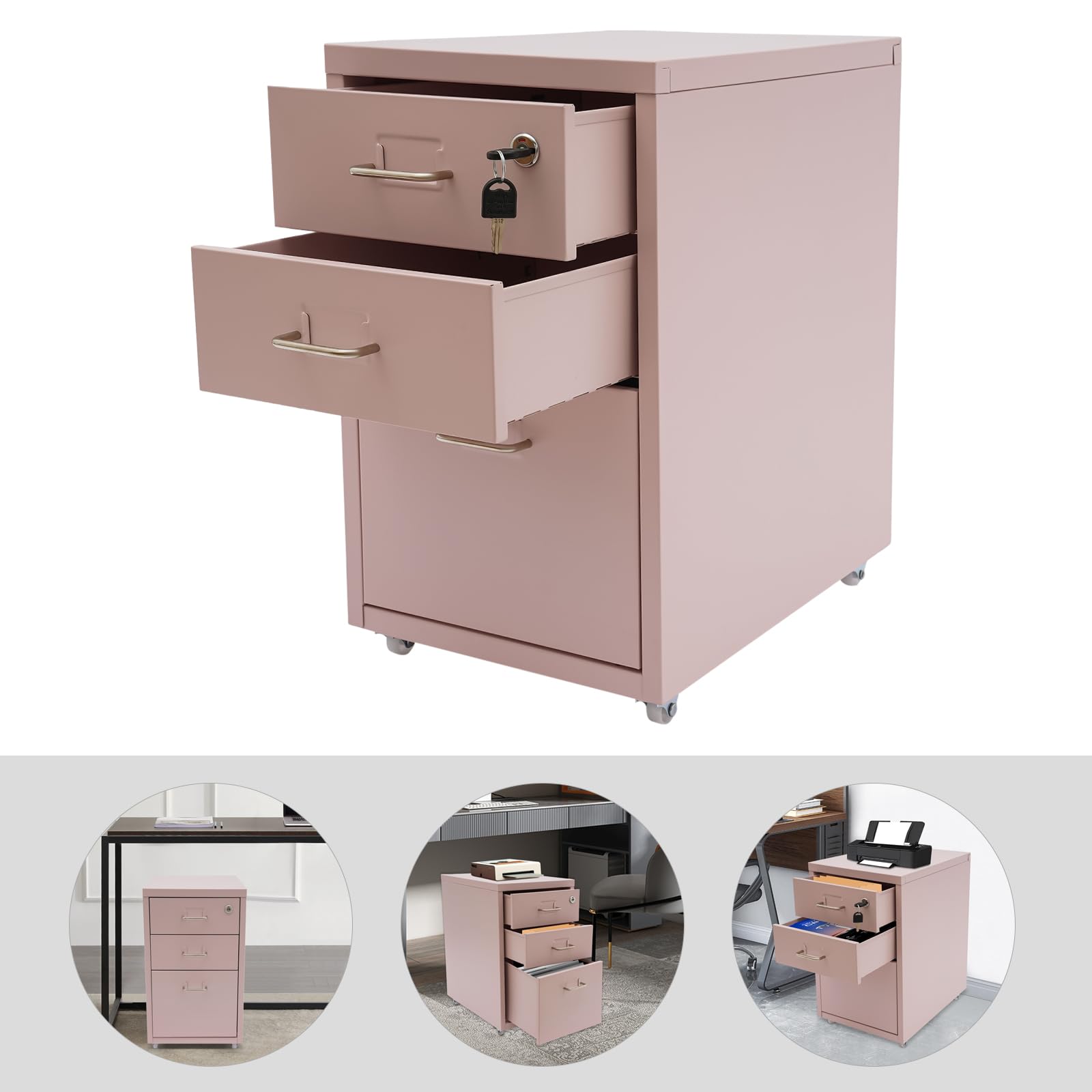 3-Drawer Lockable Mobile File Cabinet