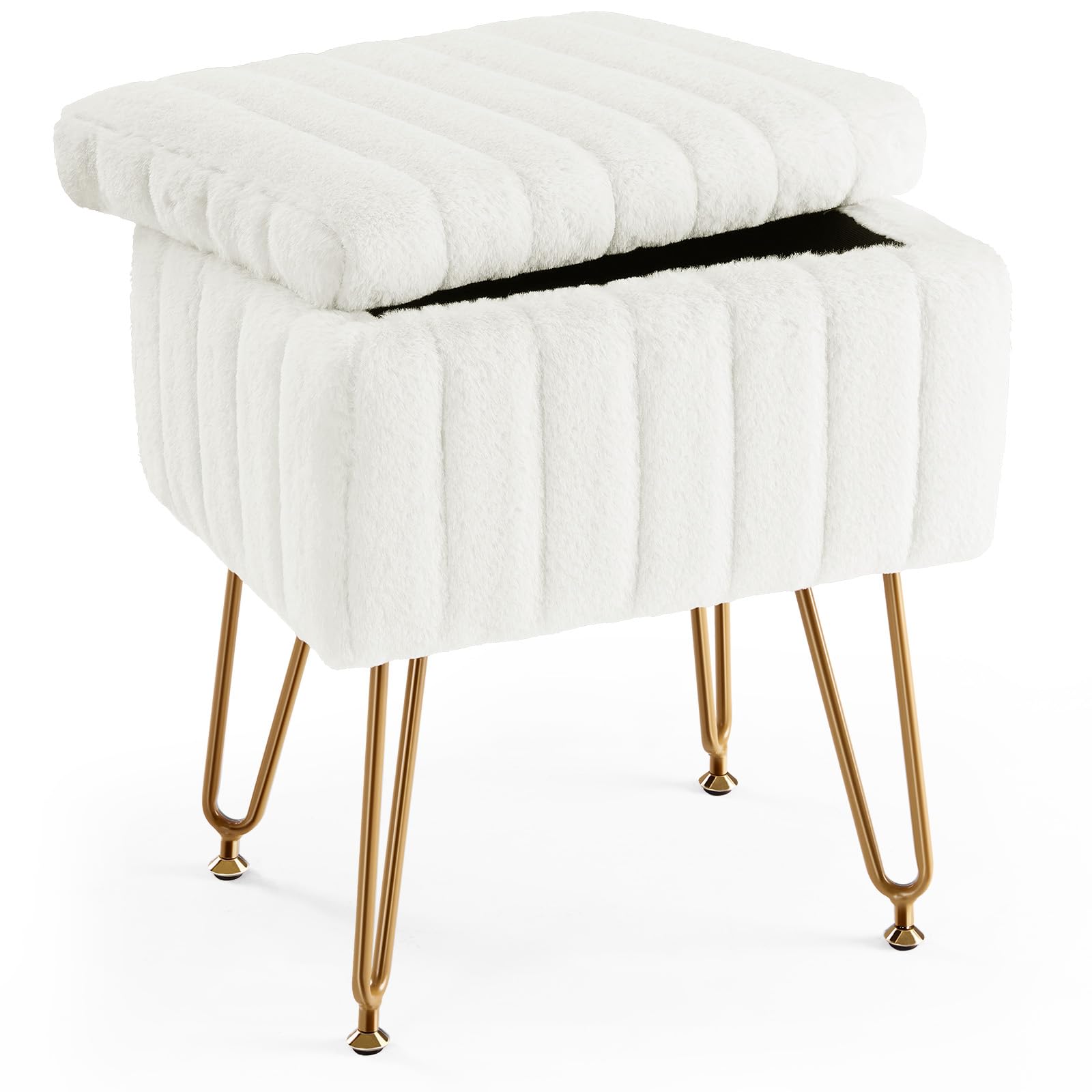 Vanity Stool with Storage Ottoman Faux Fur Padded Seat