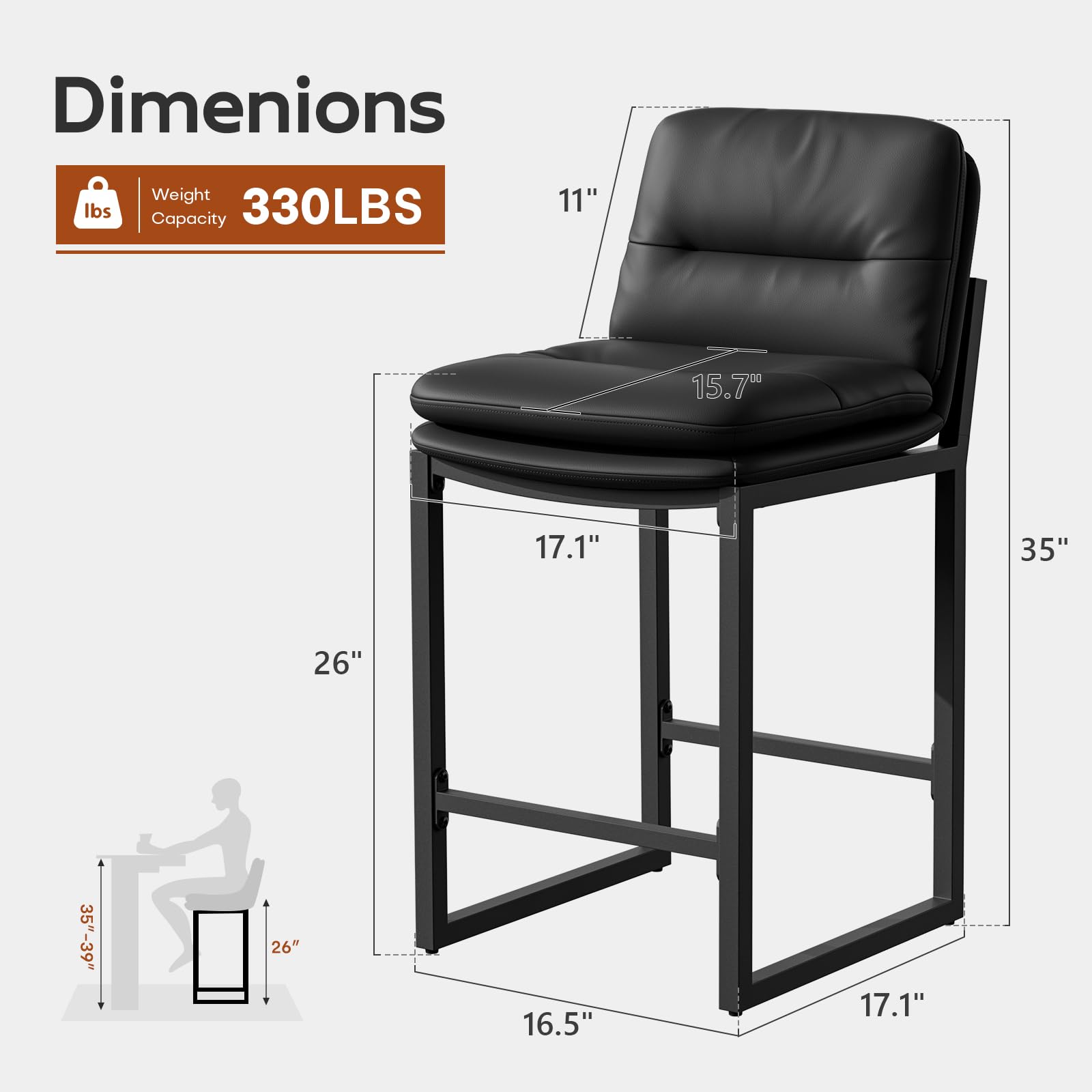 Black Bar Stools Set of 4 - 26 Inch Counter Height with Backs