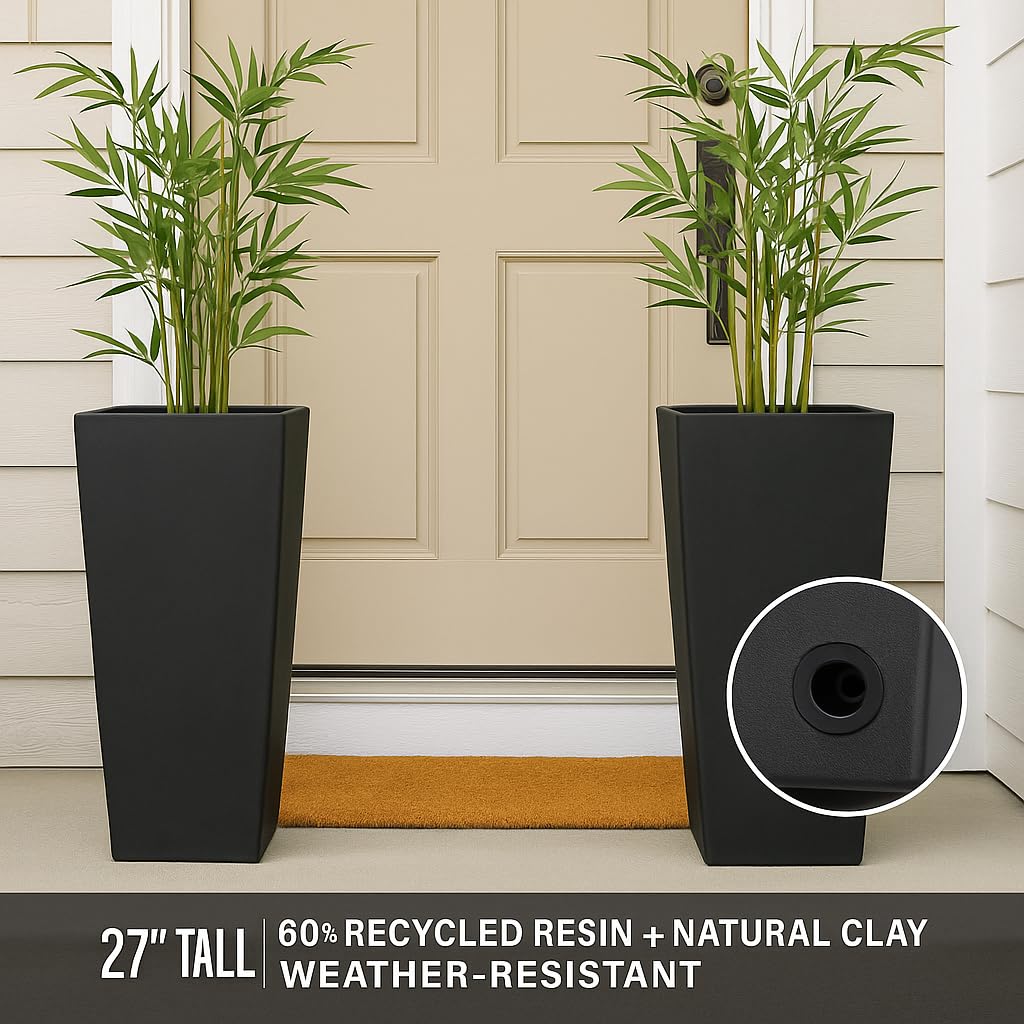 27" Tall Planters Set of 2 Black Outdoor Weather-Resistant with Drainage