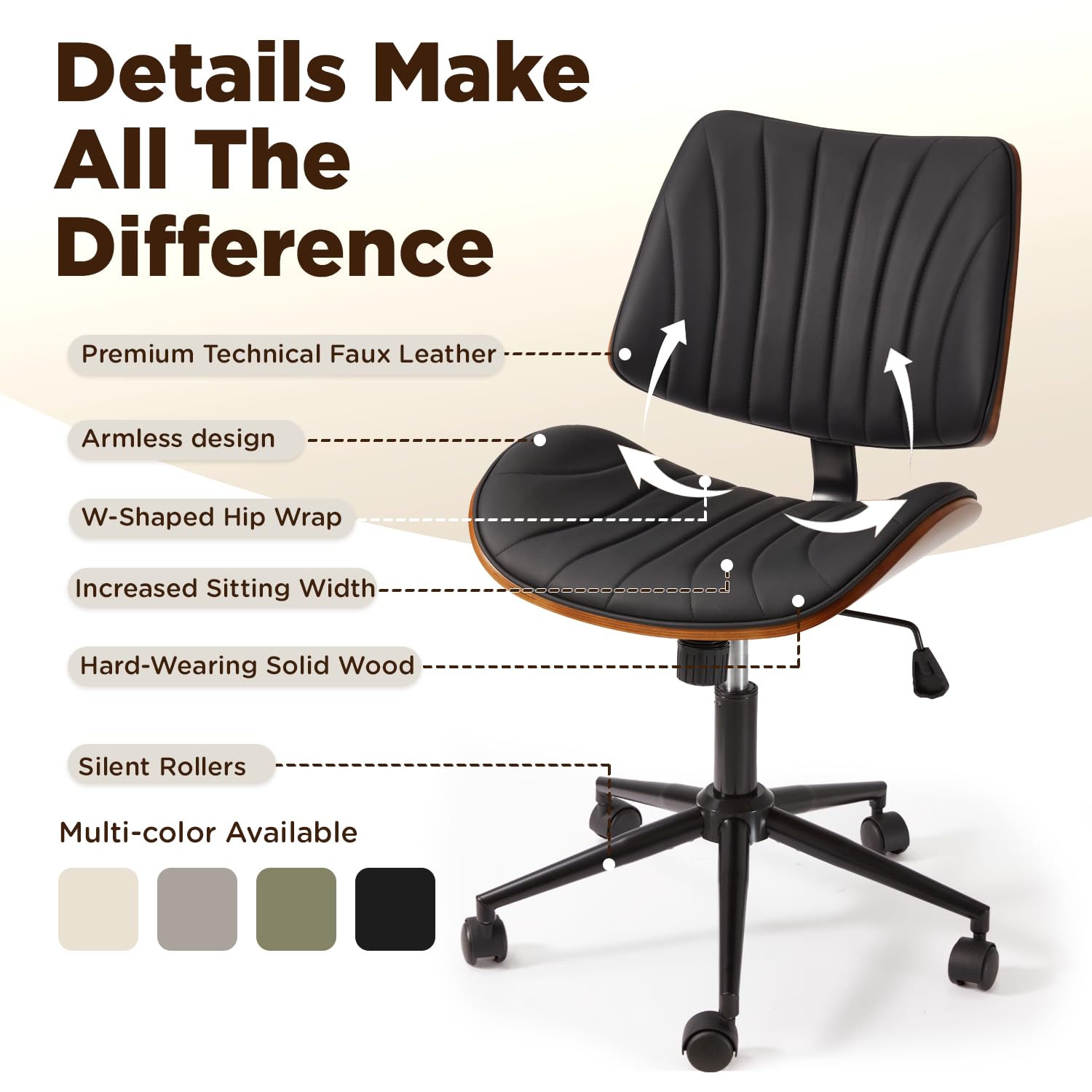 Armless Office Chair with Wooden Back
