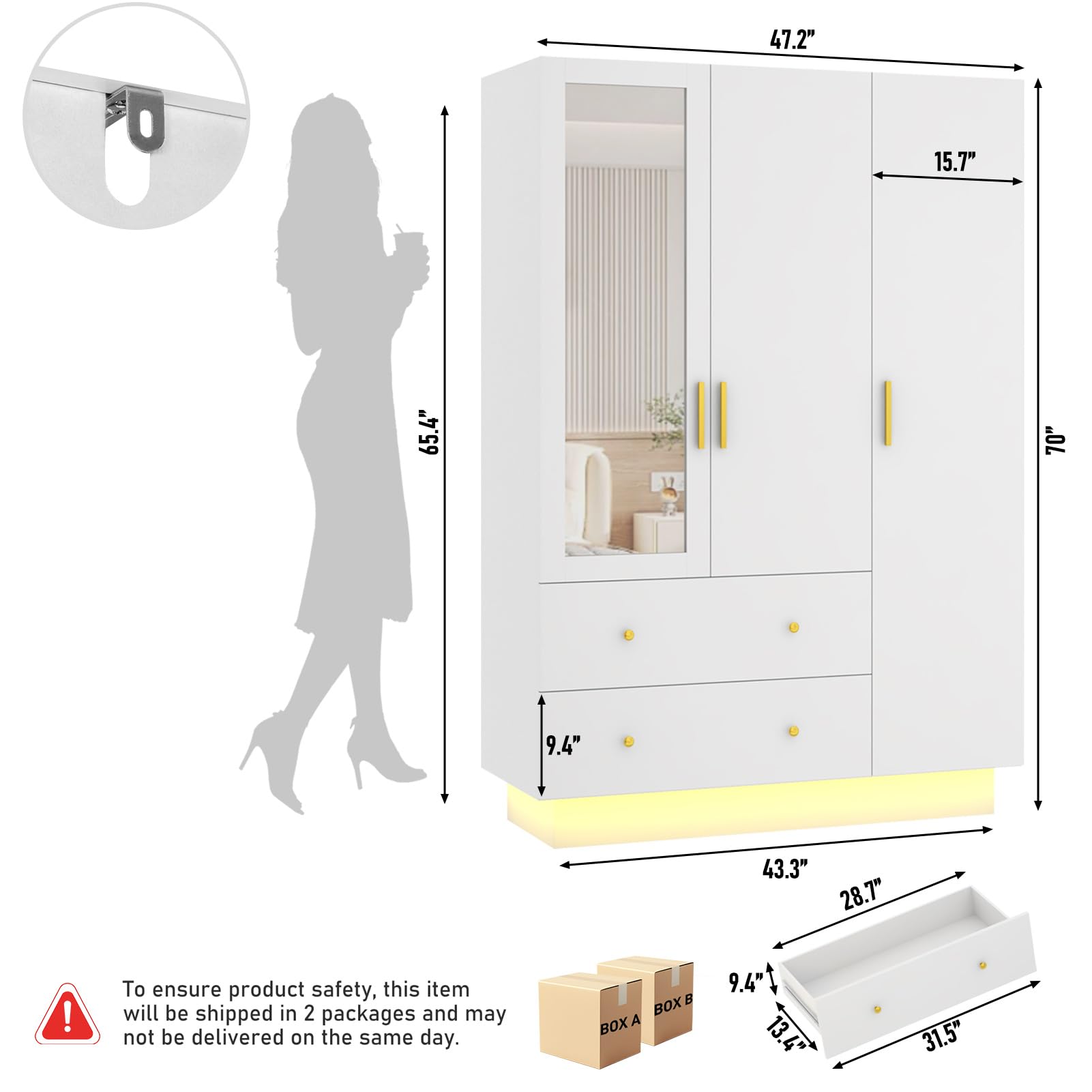 3 Door Wardrobe Closet with Mirror LED Lights Drawers Shelves