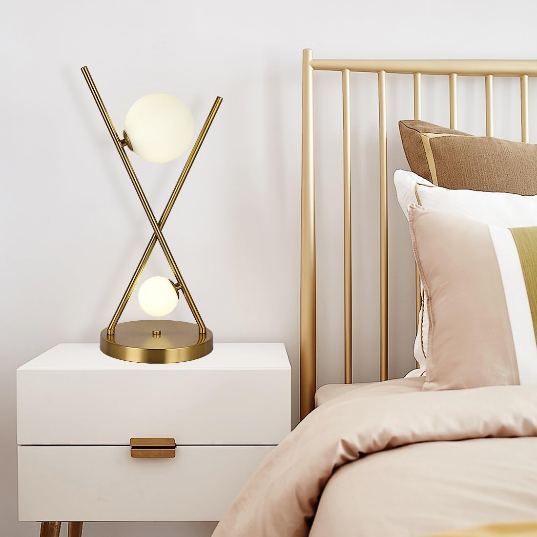 Gold X-Shaped Table Lamp with Globe Glass Shades