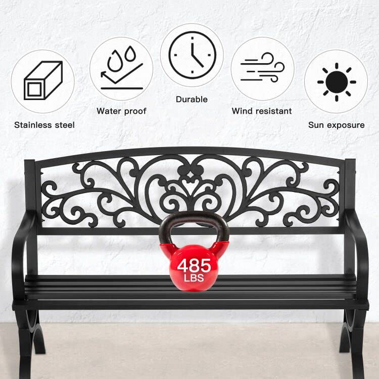50 Inch Outdoor Metal Loveseat with Floral Backrest